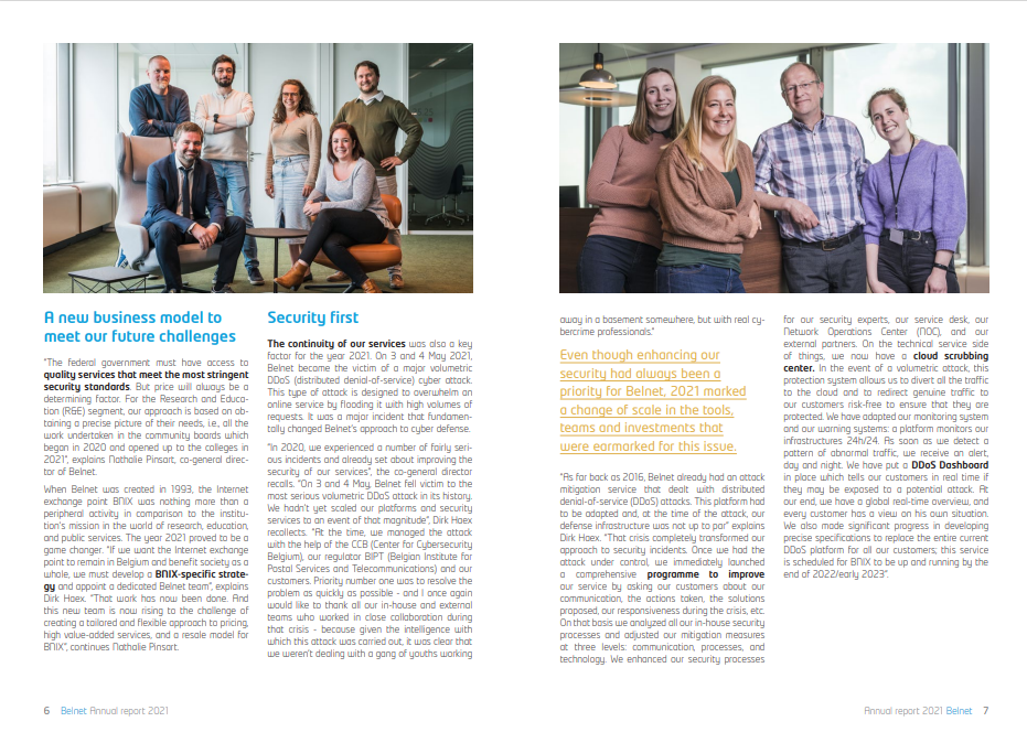 Part of the interview with the management with 2 pictures of a group of Belnet employees.