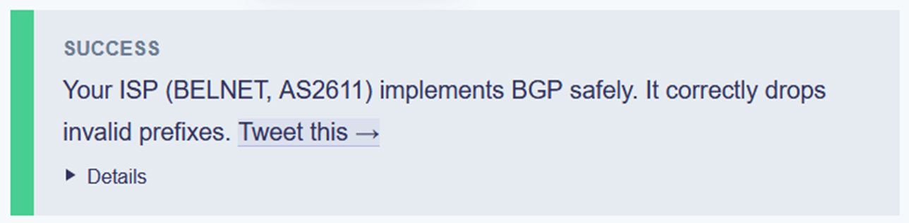 Capture d'écran avec le texte: 'Your ISP (Belnet, AS2611) implements BGP safely"