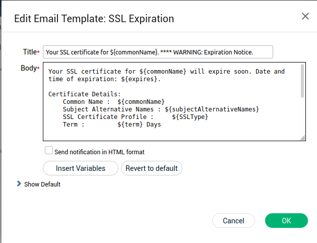 screen: edit email template: SSL Expiration