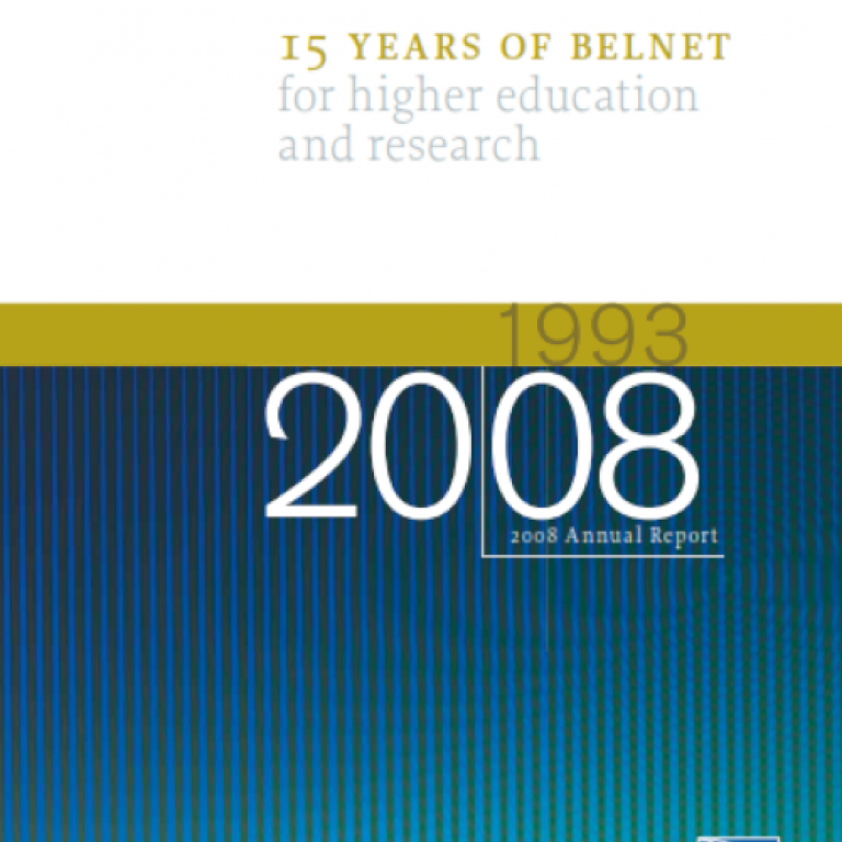 Cover of 2008 annual report on blue, green and white background.