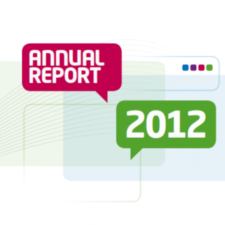 Cover of the 2012 annual report representing 2 rectangular phylacteries, one on a red background with the inscription annual report, the other on a green background with the number 2012.