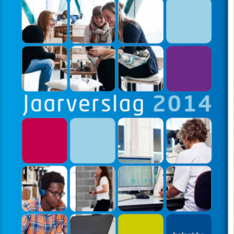 Cover van het jaarverslag 2014 met studenten, onderzoekers, die aan het werk zijn. De afbeelding is vierkant en sommige vierkanten bestaan alleen uit een kleur.