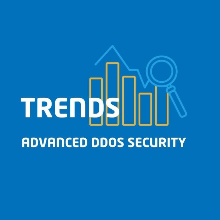 Image représentant l'évolution, la tendance avec des colonnes jaunes, une courbe au-dessus des colonnes et une loupe. Il est écrit par dessus Trends Advanced DDoS Security.