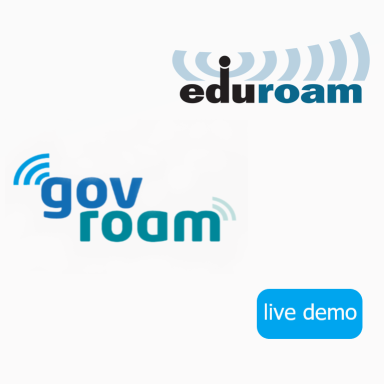 Image avec 2 logos, le logo d'eduroam en haut à droite et le logo de govroam en bas à gauche. Sur l'image, en bas à droite, il y a aussi un rectangle bleu avec l'inscription live demo.